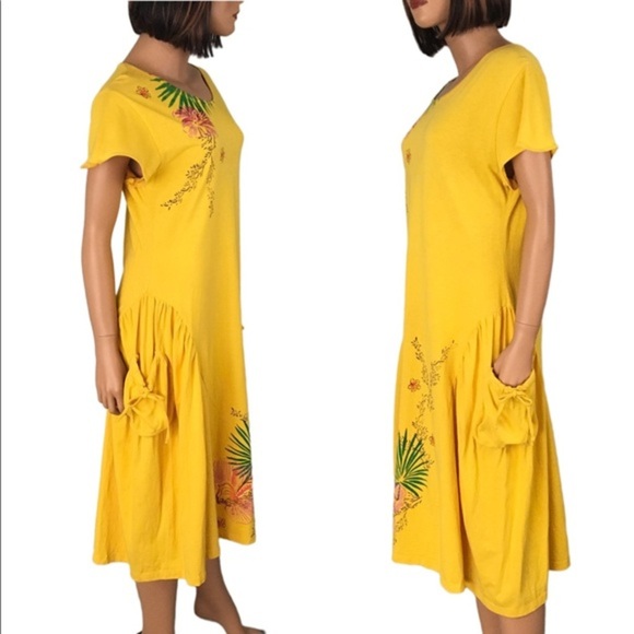 Vintage 90’s Yellow Swing Dress Floral Hand Painted Hawaiian Pockets Women M - Picture 3 of 15